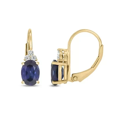1/10 carat, Diamond Blue Sapphire And White Diamond Leverback  Earring in 14K Yellow Gold