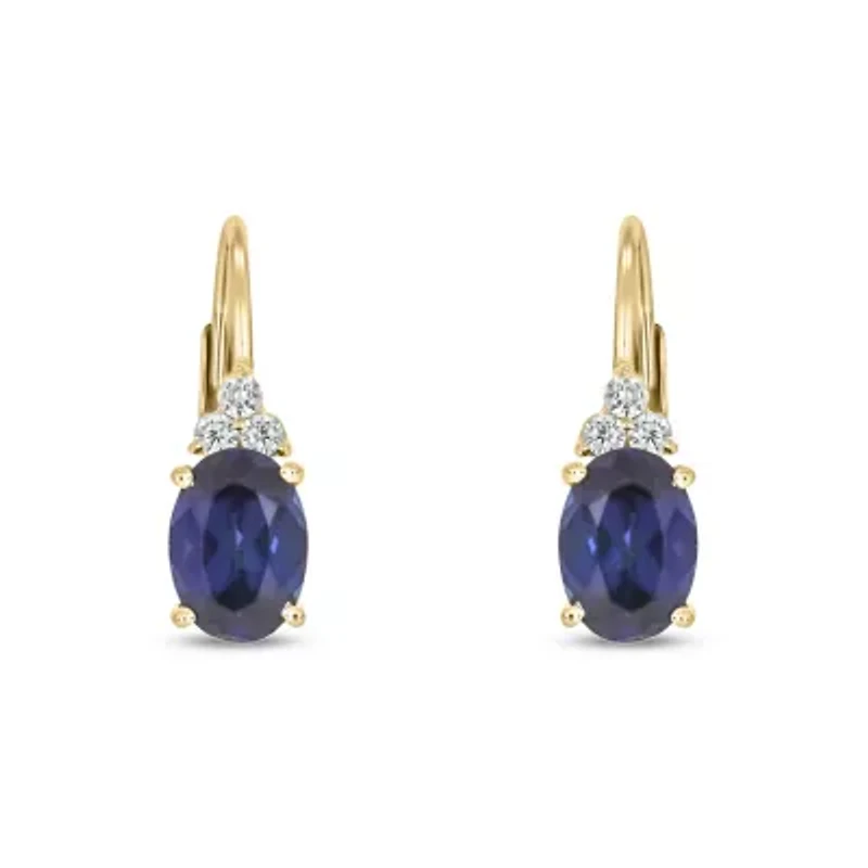 1/10 carat, Diamond Blue Sapphire And White Diamond Leverback Earring in 14K Yellow Gold