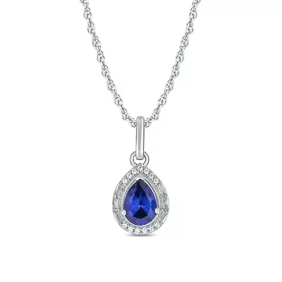 1/10 ct. t.w. Diamond and 1.0 ct. t.w. Created Blue Sapphire Pear Pendant in Sterling Silver