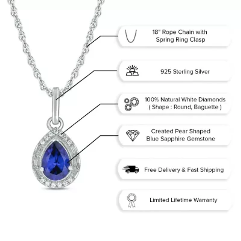 1/10 ct. t.w. Diamond and 1.0 ct. t.w. Created Blue Sapphire Pear Pendant in Sterling Silver