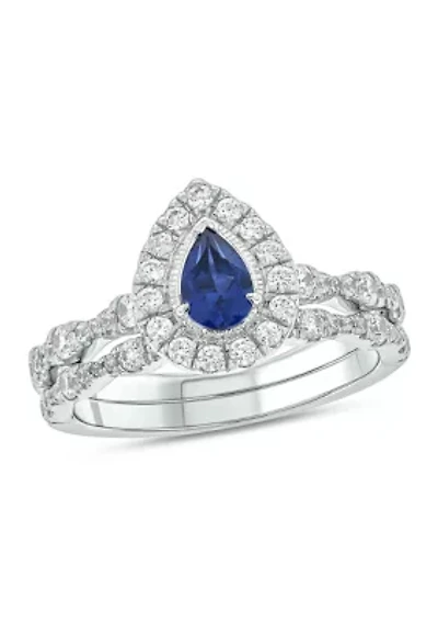 Lab Created 3/4 ct. t.w. Diamond and 1/2 Pear Blue Sapphire Bridal Ring 10K White Gold