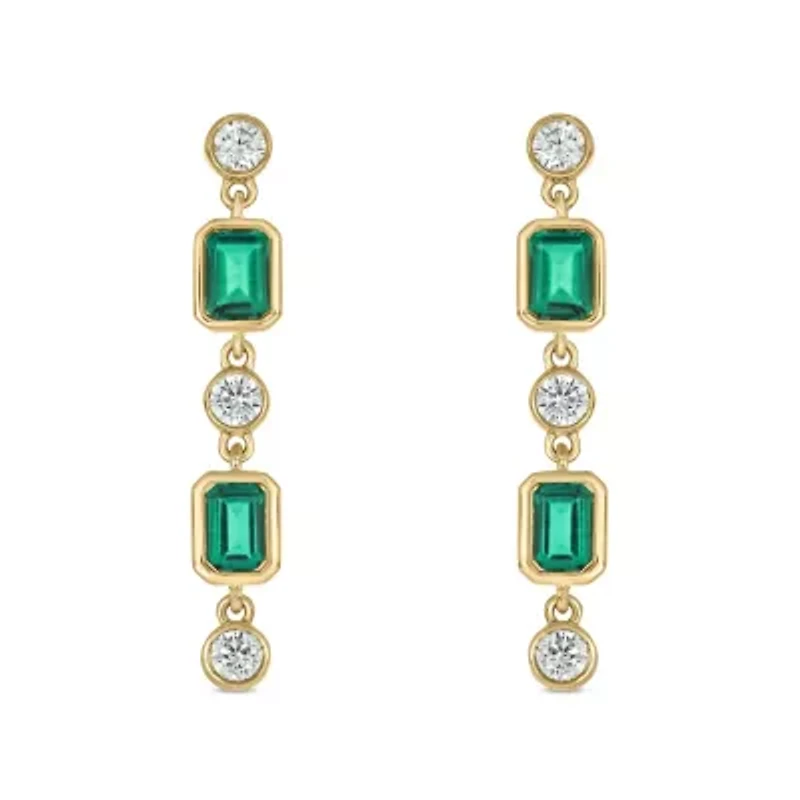 1/3 carat, Diamond Drop Green Emerald-Cut Linear Earring in 14K Yellow Gold