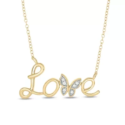 Diamond Accent Butterfly Love Script Front Pendant Necklace in 14K Yellow Gold