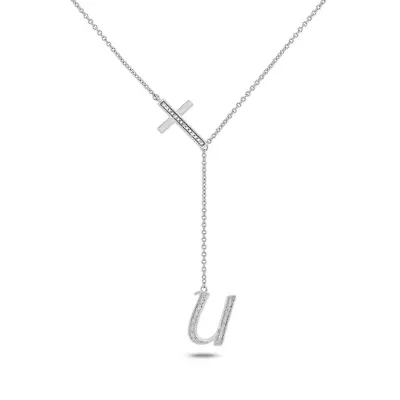 Diamond Accent Initial Cross And Letter Lariat Necklace In Sterling Silver
