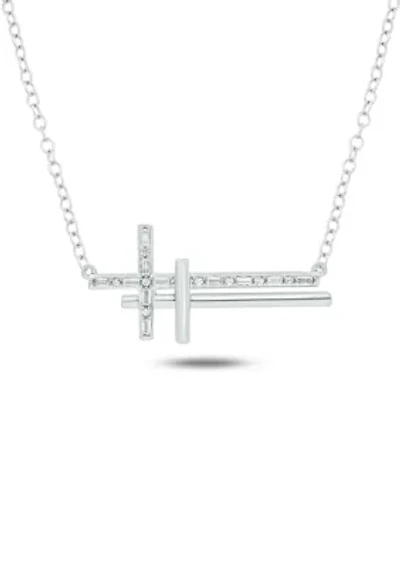 1/10 ct. t.w. Baguette Round White Diamond Sideways Cross Pendant Necklace in Gold Over Sterling Silver