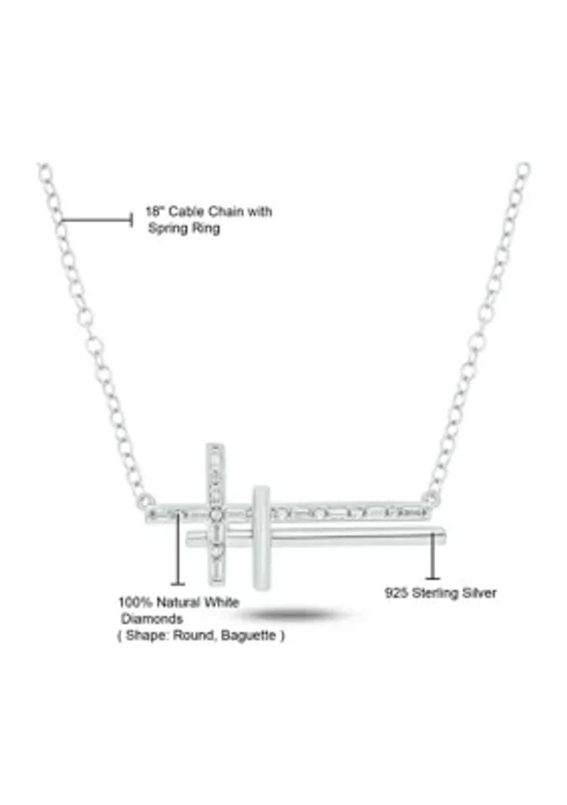 1/10 ct. t.w. Baguette Round White Diamond Sideways Cross Pendant Necklace in Gold Over Sterling Silver