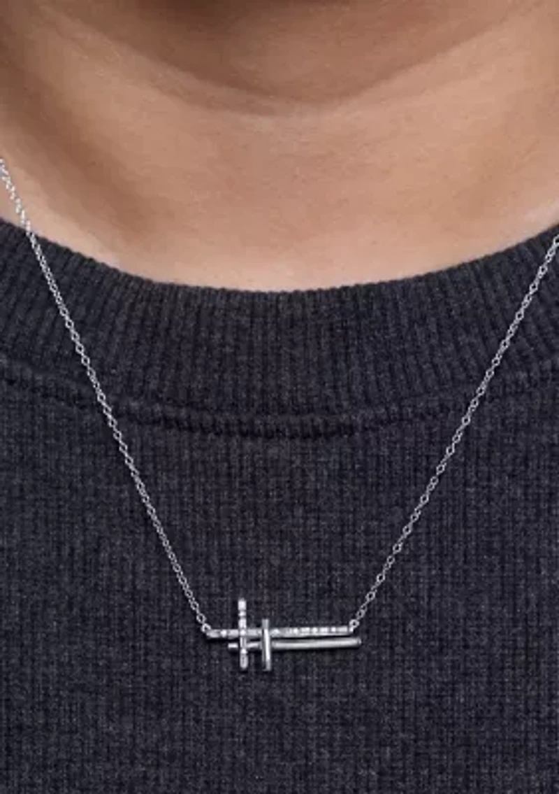 1/10 ct. t.w. Baguette Round White Diamond Sideways Cross Pendant Necklace in Gold Over Sterling Silver