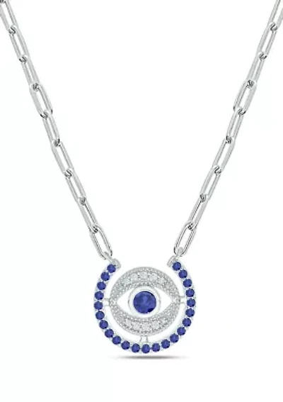 1/10 ct. t.w. Diamond and 7/8 ct. t.w. Created Blue Sapphire Evil Eys Paper Clip Necklace In Sterling Silver