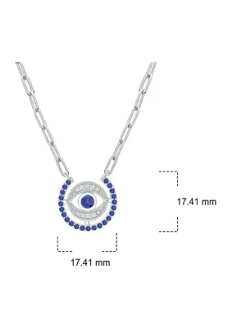 1/10 ct. t.w. Diamond and 7/8 ct. t.w. Created Blue Sapphire Evil Eys Paper Clip Necklace In Sterling Silver