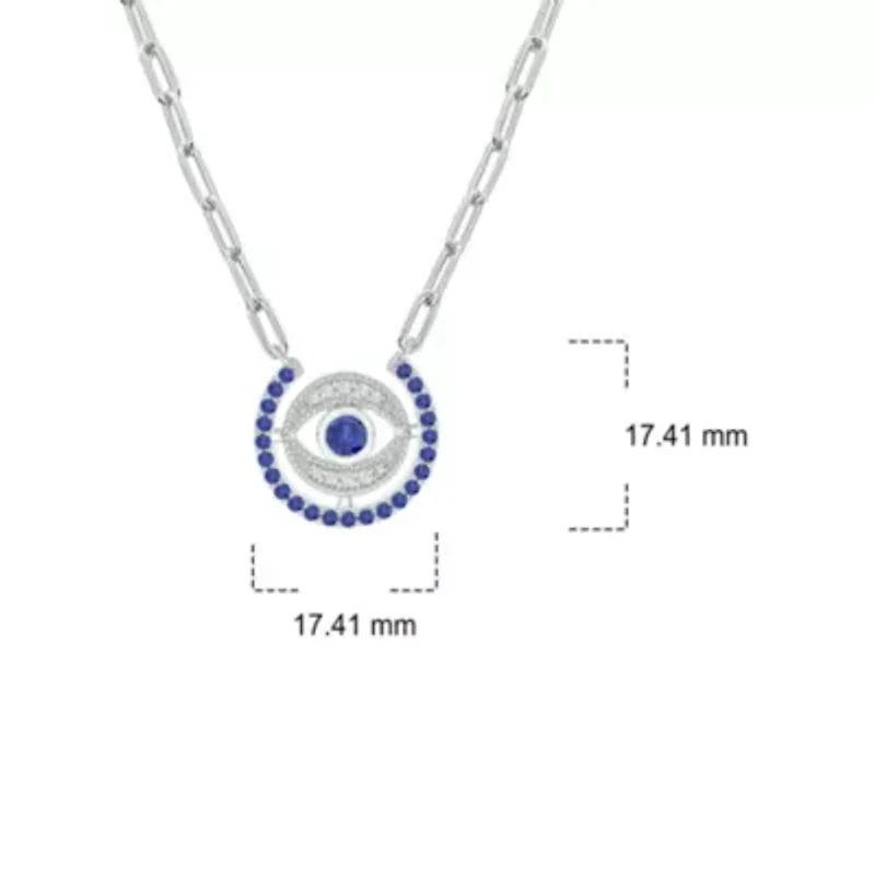 1/10 ct. t.w. Diamond and 7/8 ct. t.w. Created Blue Sapphire Evil Eys Paper Clip Necklace In Sterling Silver