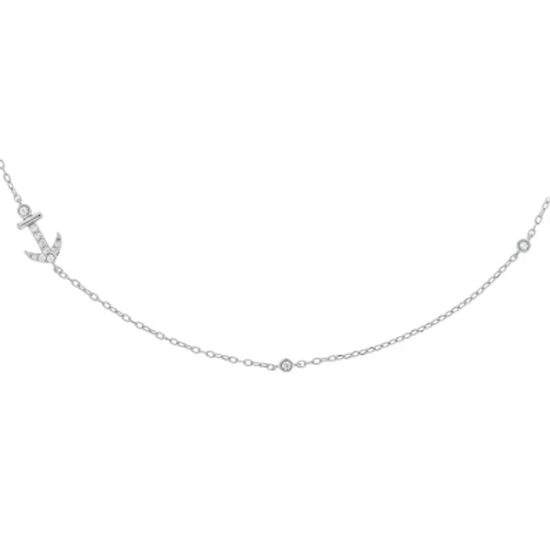 1/10 ct.t.w Diamond Anchor Bezel Charm Necklace in 14K White Gold