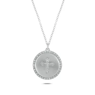 1/5 ct.t.w Diamond Circle Cross Halo Necklace in 14K White Gold