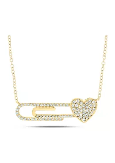 1/3 ct. t.w. Diamond Paper Clip With Heart Styled Necklace In Sterling Silver