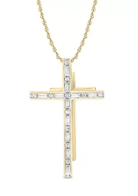 1/10 ct. t.w. Baguette Round White Diamond Cross Pendant Necklace in 14K Yellow Gold 