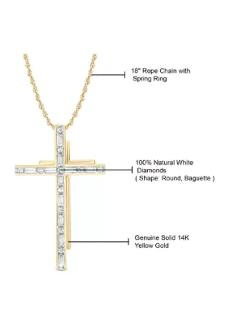 1/10 ct. t.w. Baguette Round White Diamond Cross Pendant Necklace in 14K Yellow Gold 