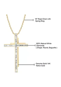 1/10 ct. t.w. Baguette Round White Diamond Cross Pendant Necklace in 14K Yellow Gold 