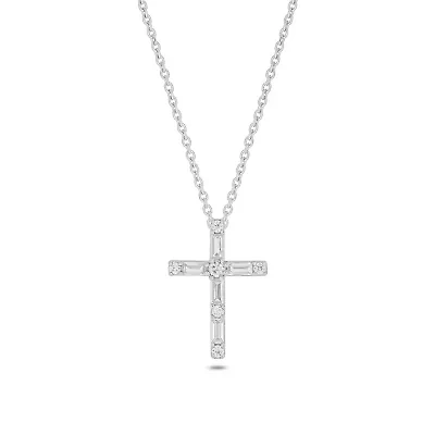 Lab Created 1/4 Carat Lab-Grown Baguette Diamond Cross Pendant in Sterling Silver