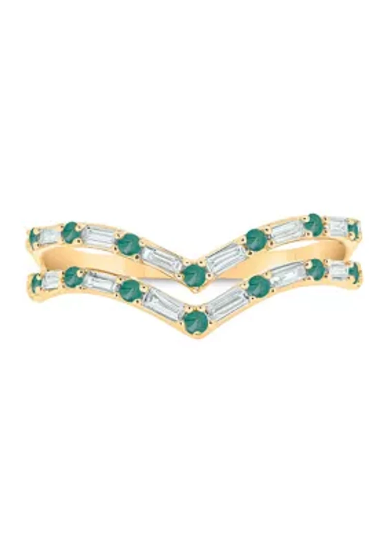 1/5 ct. t.w. Diamond and Natural Emerald color Stone Curve Ring 10K Yellow Gold
