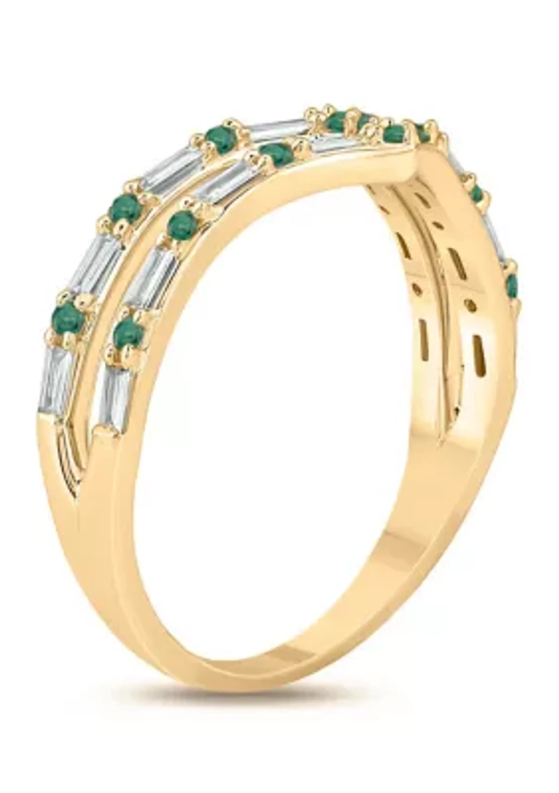 1/5 ct. t.w. Diamond and Natural Emerald color Stone Curve Ring 10K Yellow Gold