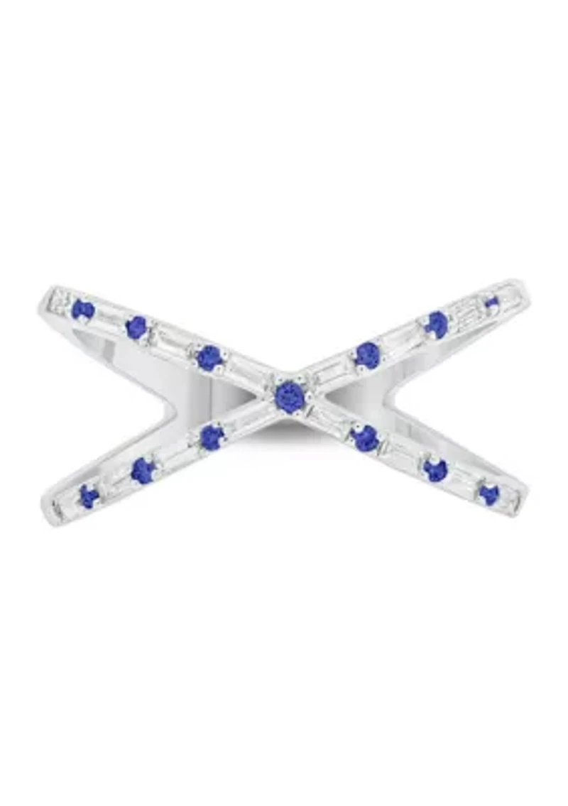 1/6 ct. t.w. Diamond and 1/3 Natural Blue sapphire Cris Cross Anniversary Ring 14K White Gold