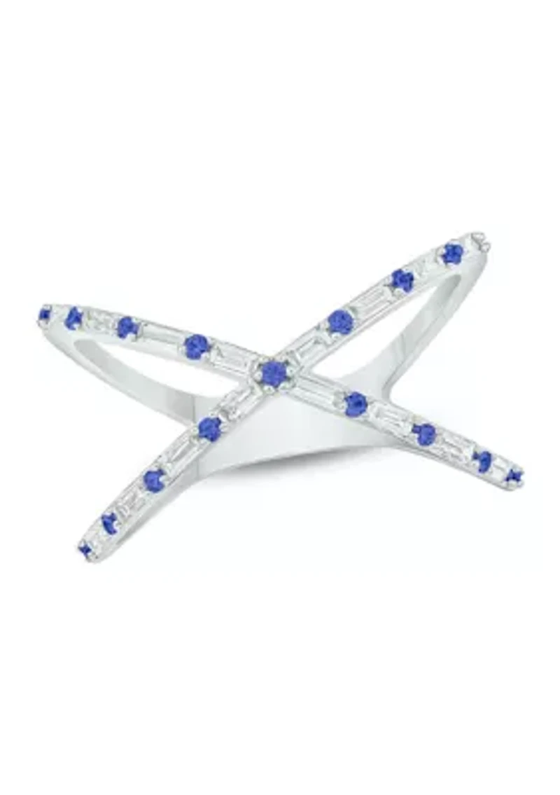 1/6 ct. t.w. Diamond and 1/3 Natural Blue sapphire Cris Cross Anniversary Ring 14K White Gold