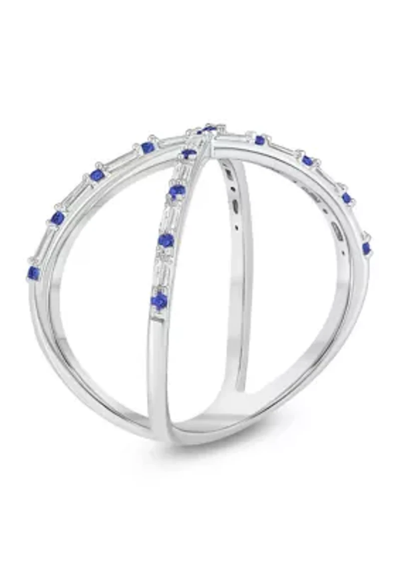 1/6 ct. t.w. Diamond and 1/3 Natural Blue sapphire Cris Cross Anniversary Ring 14K White Gold
