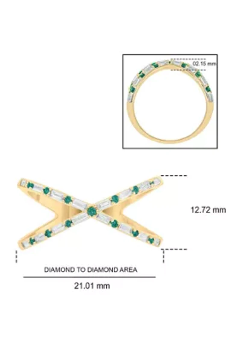 1/6 ct. t.w. Diamond and 1/3 Natural Emerald Cris Cross Anniversary Ring 14K Yellow Gold