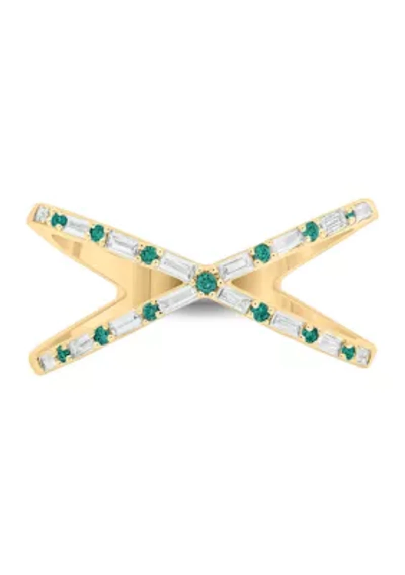 1/6 ct. t.w. Diamond and 1/3 Natural Emerald Cris Cross Anniversary Ring 14K Yellow Gold