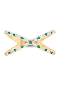 1/6 ct. t.w. Diamond and 1/3 Natural Emerald Cris Cross Anniversary Ring 14K Yellow Gold