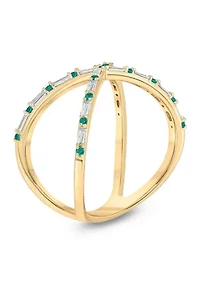 1/6 ct. t.w. Diamond and 1/3 Natural Emerald Cris Cross Anniversary Ring 14K Yellow Gold
