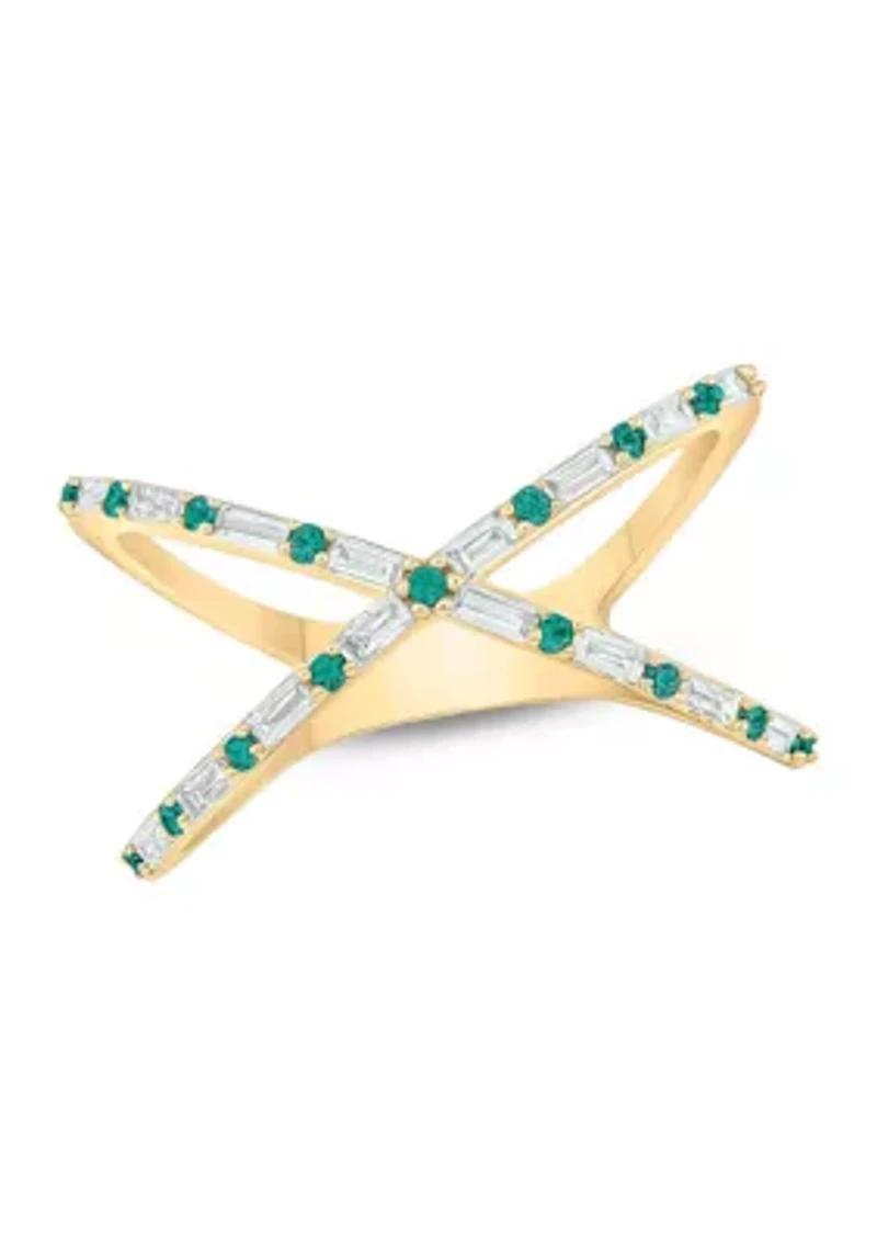 1/6 ct. t.w. Diamond and 1/3 Natural Emerald Cris Cross Anniversary Ring 14K Yellow Gold