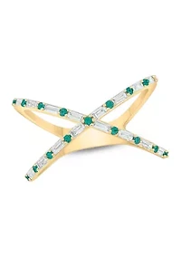 1/6 ct. t.w. Diamond and 1/3 Natural Emerald Cris Cross Anniversary Ring 14K Yellow Gold