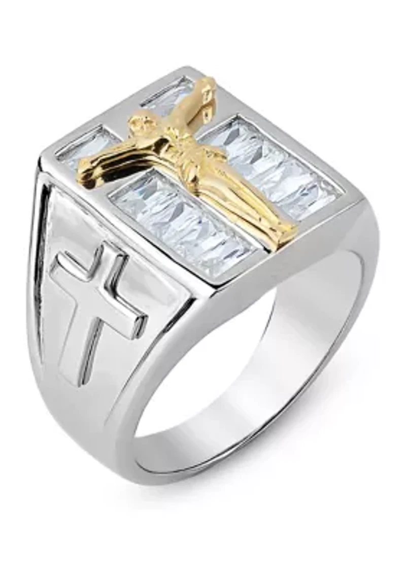 Sterling Silver Two Tone Crucifix with Cubic Zirconia Baguette Ring