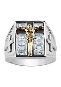 Stainless Steel Two Tone Crucifix with Crystal Baguette Ring