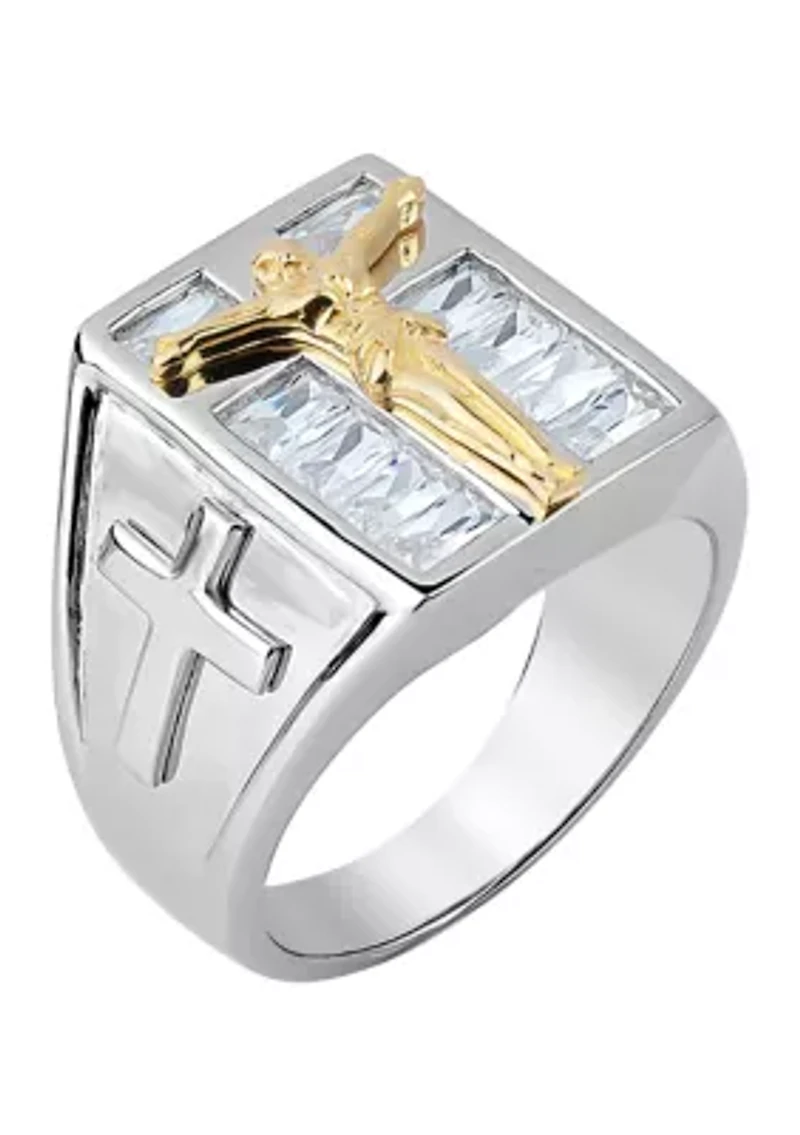 Stainless Steel Two Tone Crucifix with Crystal Baguette Ring