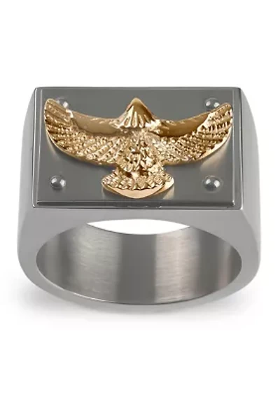 Stainless Steel and Yellow Gold Ion Eagle Rectangle Top Ring