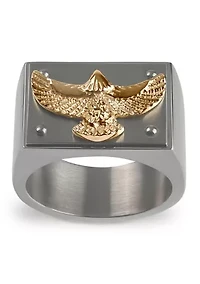 Stainless Steel and Yellow Gold Ion Eagle Rectangle Top Ring