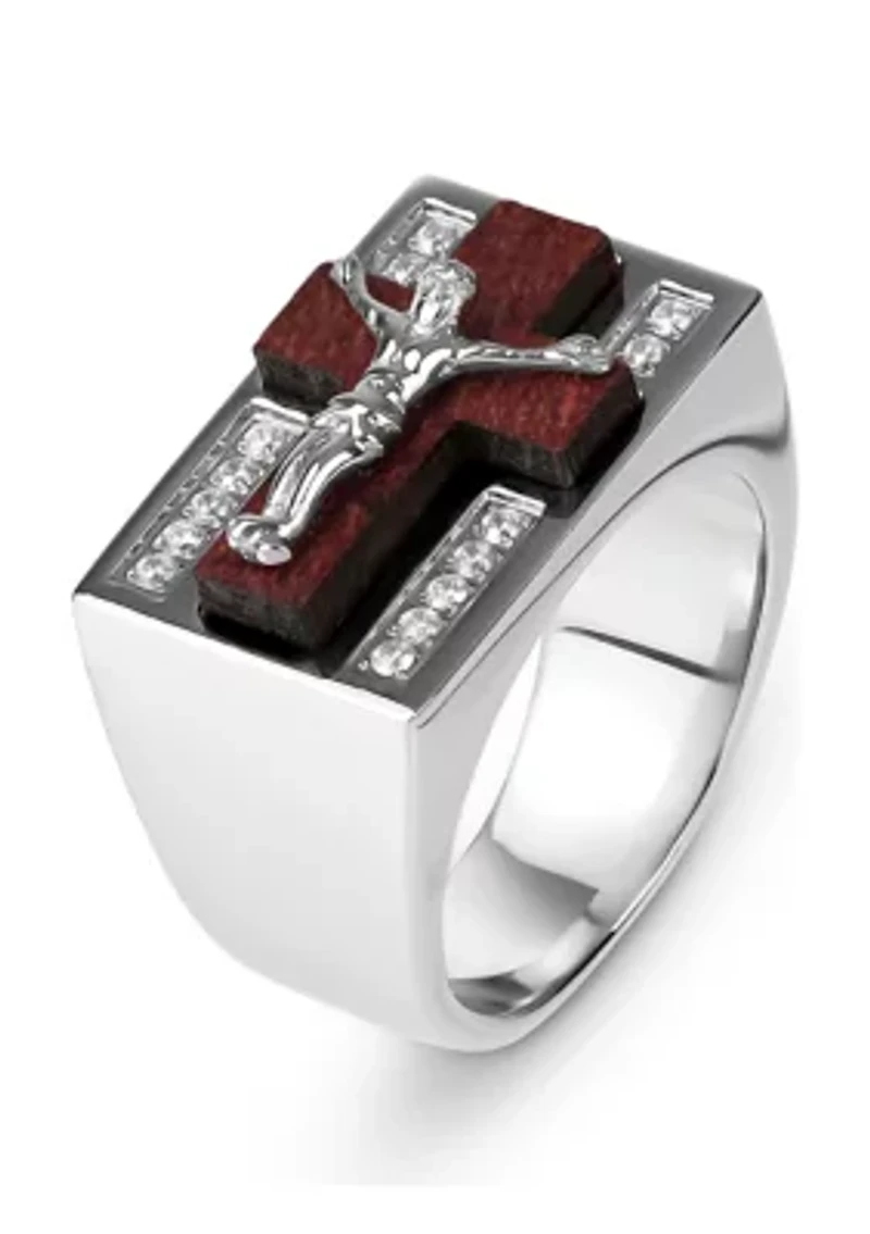 Stainless Steel Wood with Crucifix and Cubic Zirconia Rectangle Ring