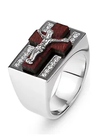 Stainless Steel Wood with Crucifix and Cubic Zirconia Rectangle Ring