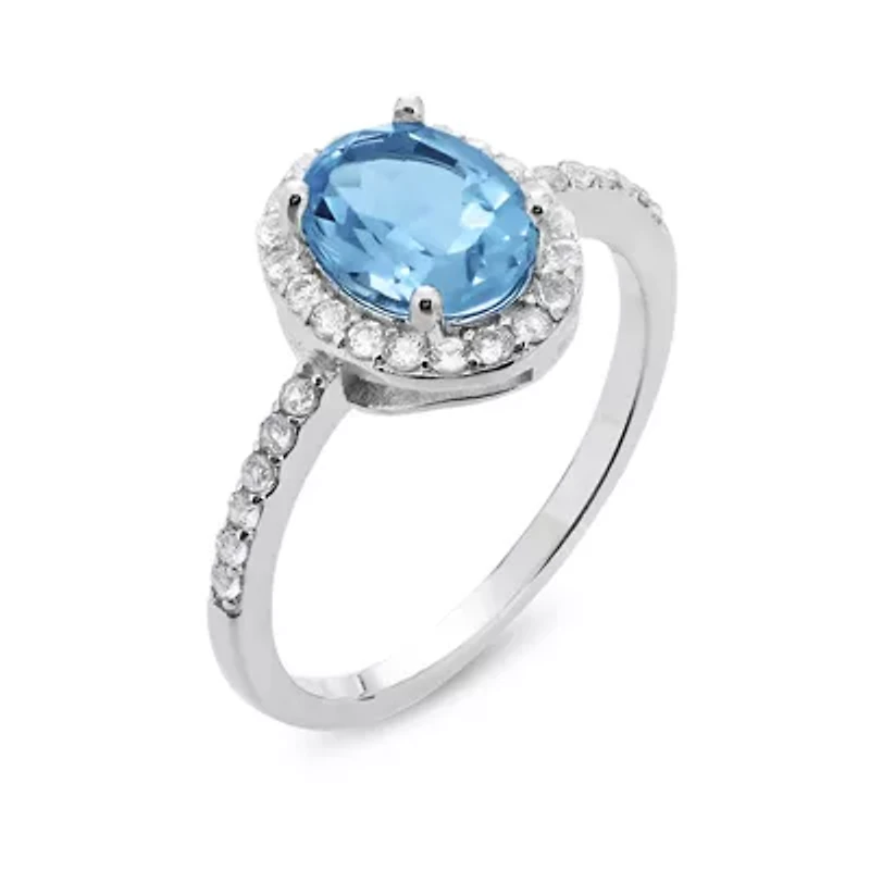 1.98 Carat Blue and White Topaz Halo Sterling Silver Birthstone Ring