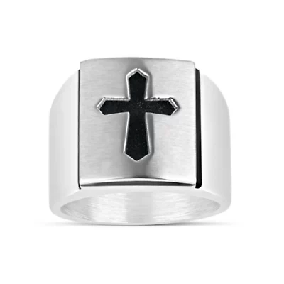 Stainless Steel Satin Carbon Fiber Cross Rectangle Top Ring