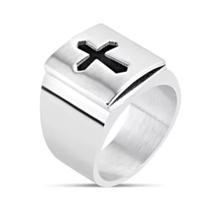Stainless Steel Satin Carbon Fiber Cross Rectangle Top Ring