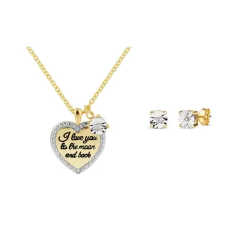 Diamond Accent I Love You to the Moon and Back Heart Necklace and Stud Earring Set in 14K Gold Plated Sterling Silver
