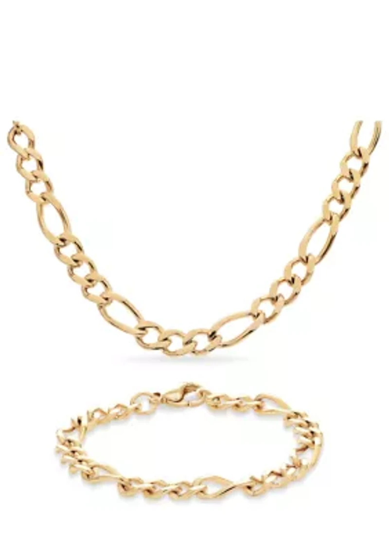 Stainless Steel Gold Ion Plated 3+1 Figaro Necklace and Bracelet Set
