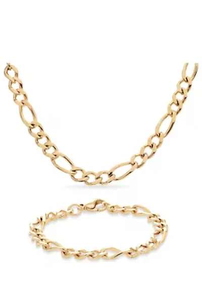 Stainless Steel Gold Ion Plated 3+1 Figaro Necklace and Bracelet Set