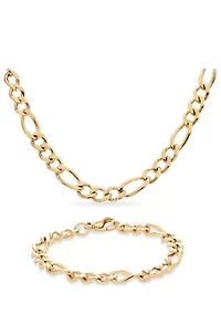 Stainless Steel Gold Ion Plated 3+1 Figaro Necklace and Bracelet Set