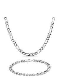 Stainless Steel Figaro Necklace and Bracelet Set