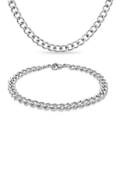Stainless Steel 6 Millimeter Curb Link Necklace and Bracelet Set