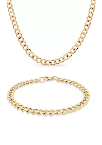 Stainless Steel Gold IP 6 Millimeter Curb Link Necklace and Bracelet Set