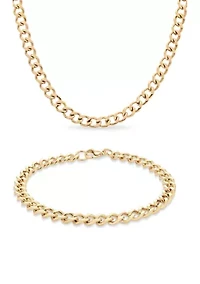 Stainless Steel Gold IP 6 Millimeter Curb Link Necklace and Bracelet Set